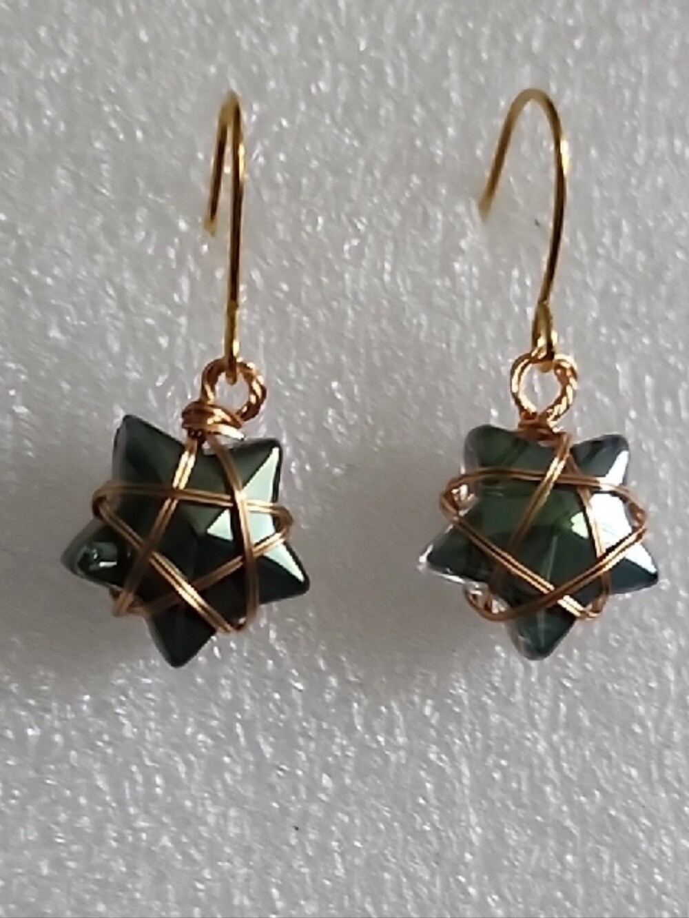 Gold Wire-Wrapped Green Hematite Look Star Drop Earrings